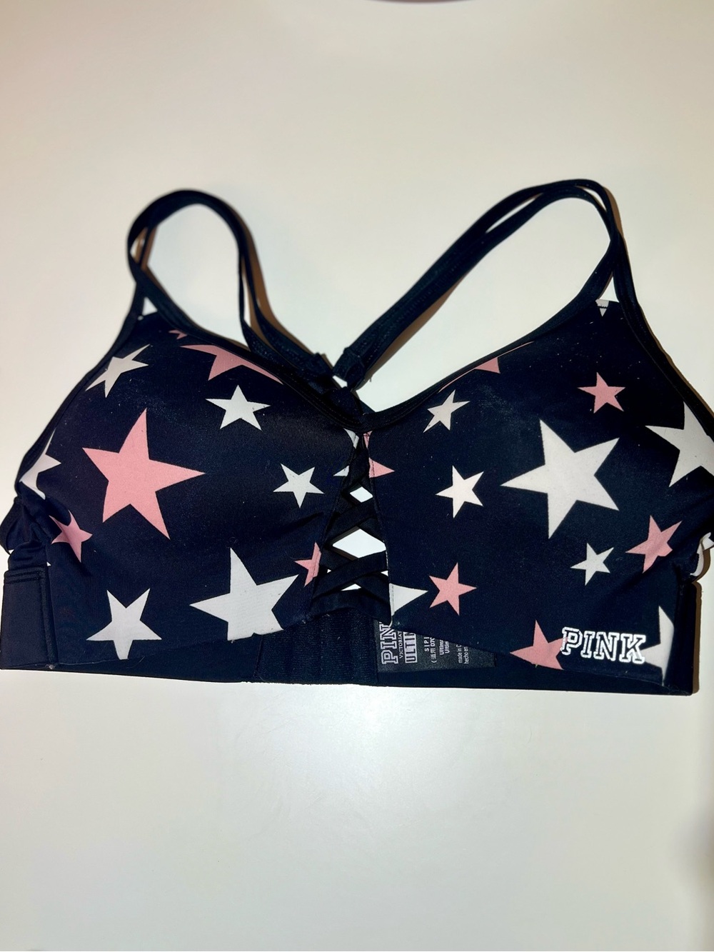 PINK Victoria's Secret Women's Black Star-Print Strappy Sports Bra